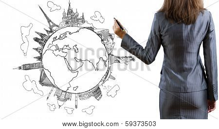 Back view of businesswoman drawing plan or strategy