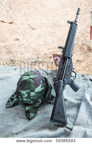 Hk33 Rifle With Military Helmet