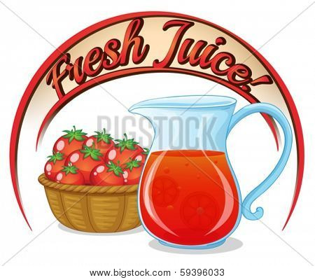Illustration of a fresh juice label with a basket of tomatoes and a pitcher of juice on a white background