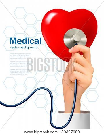 Background with hand holding a stethoscope against a heart. Vector. 