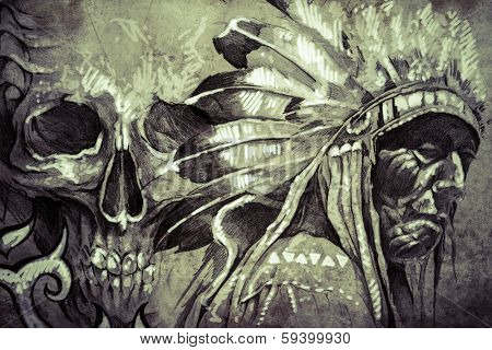 Tattoo sketch of American Indian tribal chief with skull
