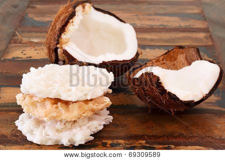 Coconut Candy Cocada With Coconut On Wooden Table