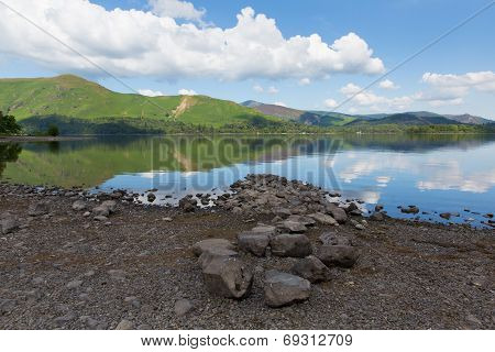 Derwent Water Lake District Cumbria England uk south of Keswick blue sky towards catbells mountain