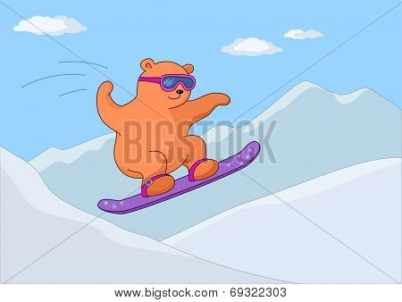 Teddy bear on a snowboard