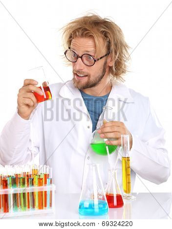 Crazy scientist working with tubes isolated on white