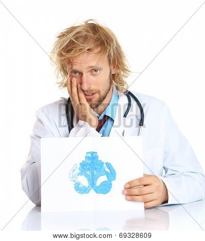 Funny psychotherapist holding Rorschach test
