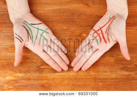 Chiromancy.Color contours on palm, on wooden background