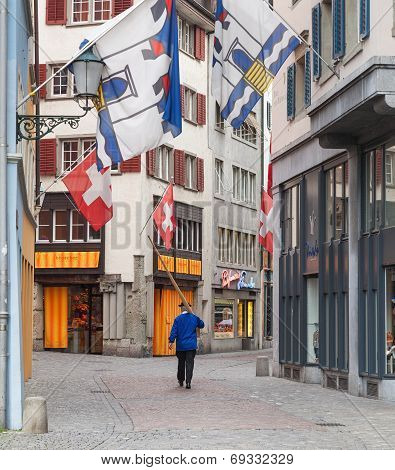 Zurich, A Person With An Alphorn In The Old Town