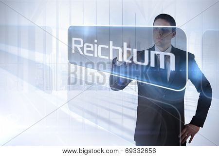 Businessman presenting the word fortune in german against white room with large window overlooking city