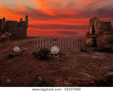 Halloween background with old towers and skulls