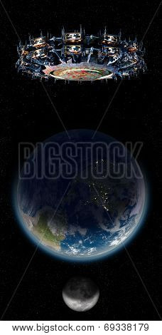 Alien mothership UFO nearing Earth with copy space background