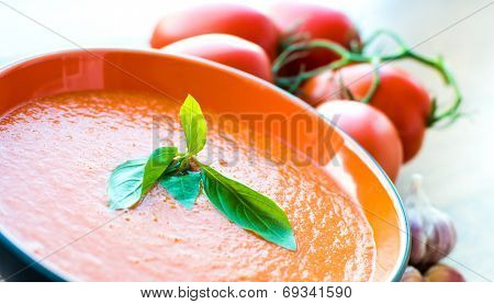 A bowl of tomato soup gaspacho with basil, tomatoes and garlic