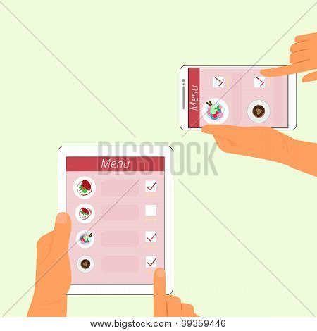 Man and woman are ordering food using gadgets in restaurant