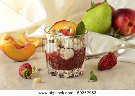 Dessert with whipped cream fruit and nuts