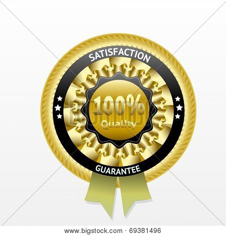 Satisfaction guarantee golden vector badge with green ribbon.