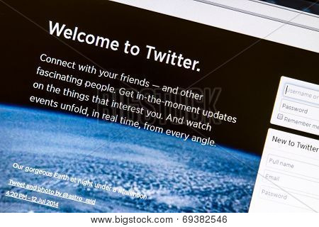 Ostersund, Sweden - August 2, 2014: Twitter website on a computer screen. Twitter is a free social networking and microblogging service