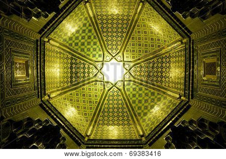 Samarkand, Uzbekistan - June 12: Sun shining though a green mosaic in the ceiling Samarkand