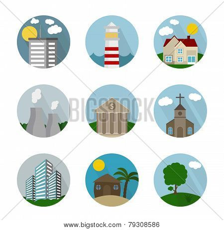 Flat icon circle, buildings