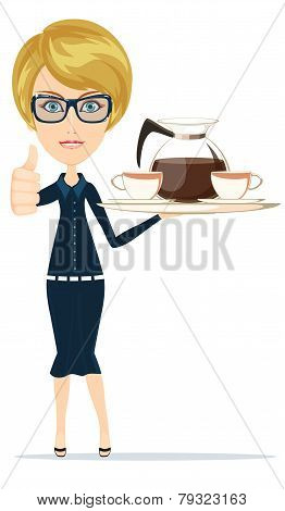 Beautiful Girl Waitress Carries giving the thumbs up with a big Tray Ordered Drinks, Coffee, Tea.