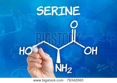 Hand with pen drawing the chemical formula of serine