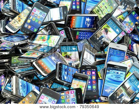 Mobile phones background. Pile of different modern smartphones. 3d