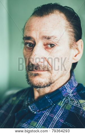 Portrait Of Serious Sad Old Adult Expressive Man With Beard Look