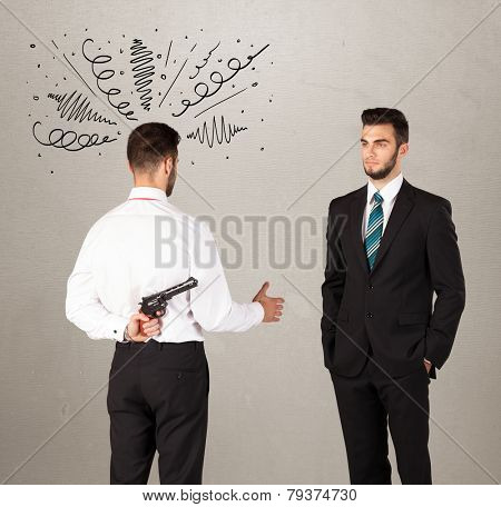 Ruthless businessman handshake with a hiding weapon and drawn curly lines around his head 