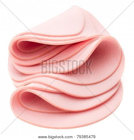 cooked boiled ham sausage or rolled bologna slices isolated on white background cutout