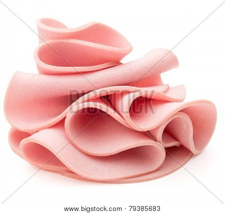 cooked boiled ham sausage or rolled bologna slices isolated on white background cutout