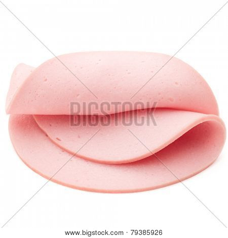 cooked boiled ham sausage or rolled bologna slices isolated on white background cutout