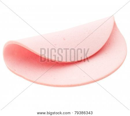 cooked boiled ham sausage or rolled bologna slice isolated on white background cutout