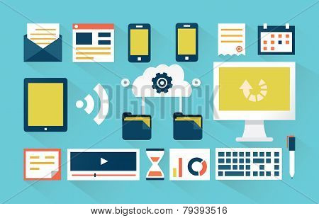 Vector Flat Illustration Of Cloud Service With Mobile Devices. Backup Of Information