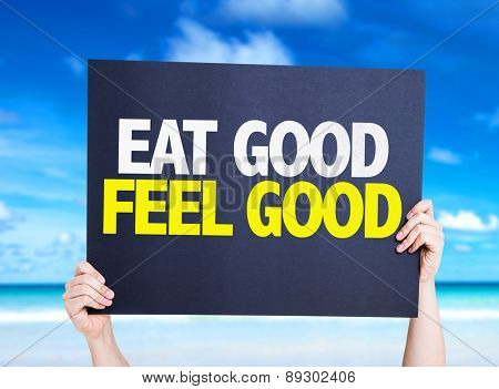 Eat Good Feel Free card with beach background
