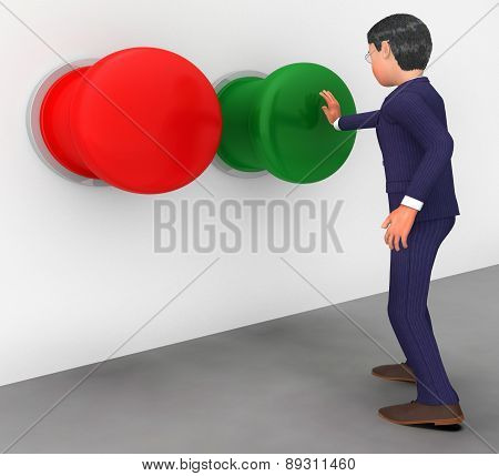 Businessman Pushes Button Shows Get Going And Activate