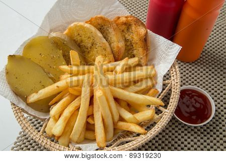 Traditional French Fries With Ketchup And Bread