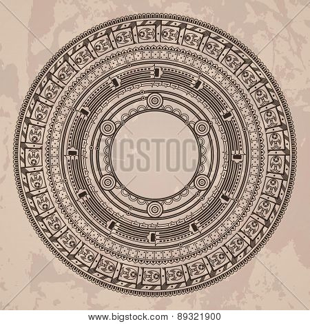 Vector circular pattern in the style of the Aztec calendar stone