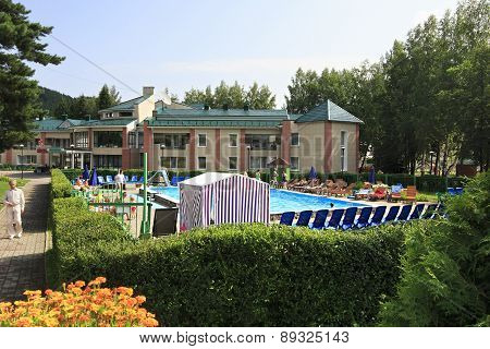 Outdoor pool at the Pension TransSib in resort Belokurikha.