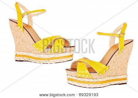 Ladies Yellow Wedge Platform Sandals, Isolated On White, Top View