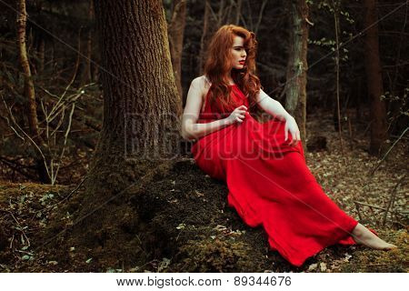 stylish Woman in red Dress Posing at the Woods