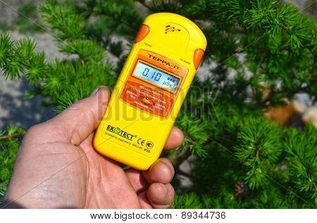 Near Kiev, Ukraine -April 29, 2015: Measuring radiation levels near after huge forest wildfire in Chernobyl Area on April 28. Kiev April 29,, 2015 Near Kiev, Ukraine.