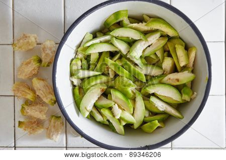 Peel ambarella on th bow ready to be eaten or juice