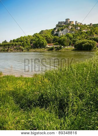 Ruins Of An Ancient Castle On The River Shore, Les Andeles, France