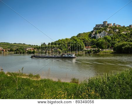 Ruins Of An Ancient Castle On The River Shore, Les Andeles, France