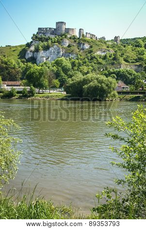 Ruins Of An Ancient Castle On The River Shore, Les Andeles, France