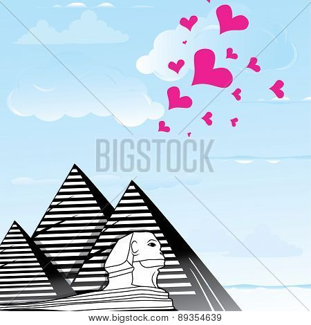 Pyramid And Sphinx Sphinks Objects As Travel Love To The Cairo, Egypt , Heart Vector Illustration