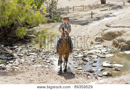 Instructor Or Cattleman Riding Horse In Sunglasses, Cowboy Hat And Rider Boots