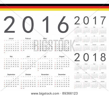 Set Of German 2016, 2017, 2018 Year Vector Calendars