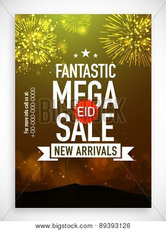 Mega Sale poster, banner or flyer decorated with fireworks and Mosque silhouette on occasion of Muslim community festival, Eid celebration.