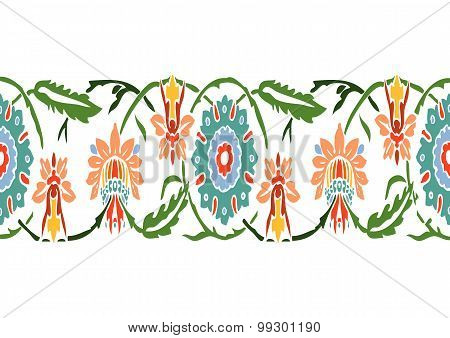 Colorful Vintage Wildflowers Border Floral Background Seamless Vector Horizontal Illustration Ethnic