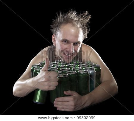 The happy tipsy man near empty beer jars